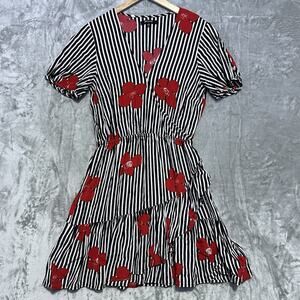 Madewell Mini Dress Womens 4 Black Red Asymmetrical Ruffle Babydoll Faux Wrap